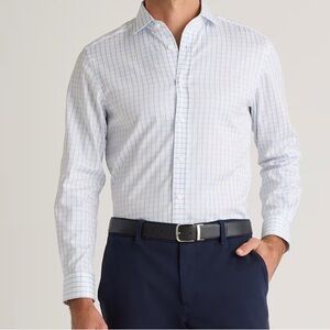Quince Organic Cotton Stretch Twill Dress Shirt. Light blue & white check.